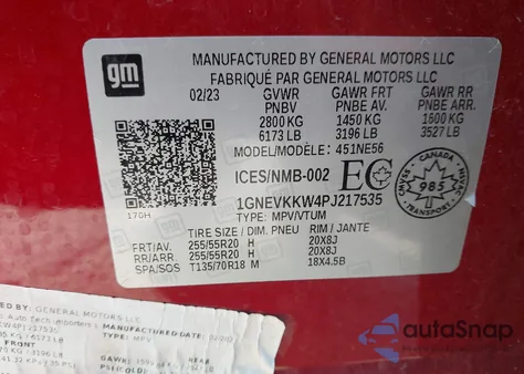 2023 Chevrolet Traverse Awd Premier z USA, uszkodzony, nr VIN 1GNEVKKW4PJ217535